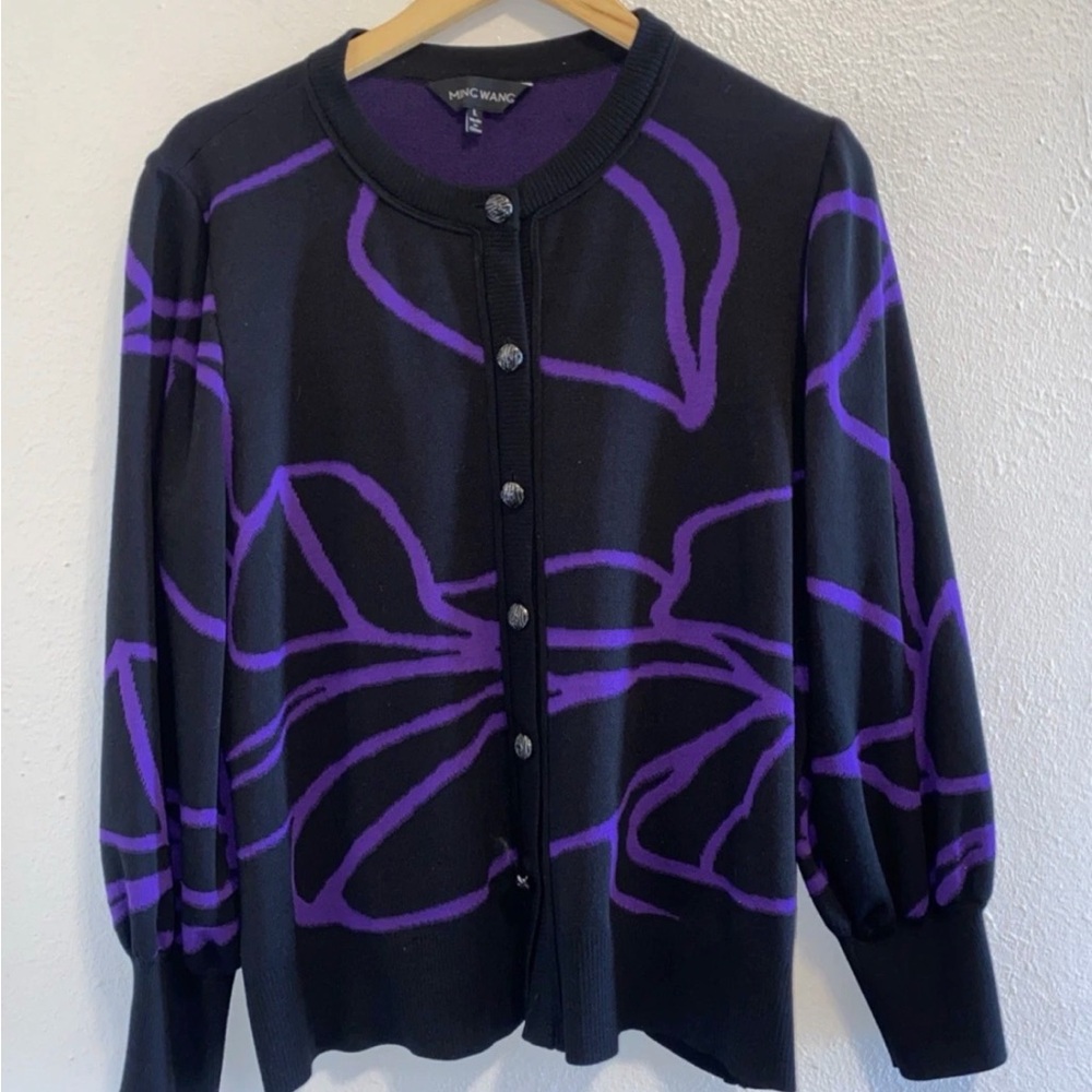 Ming Wang Black Cardigan with Purple Abstract Floral Pattern